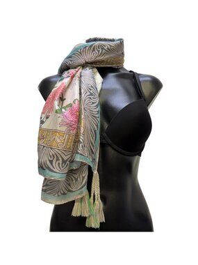 Johnny Was Floral Print Scarf With Tassels Lightweight Silk Blend Multi-Color